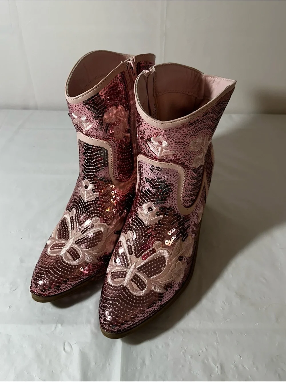 Pink Unique Sequin Western Ankle Boots for Women 8.5
